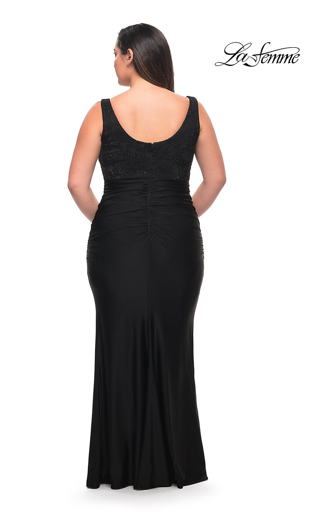 La Femme-La Femme Lace-Bodice Long Black Plus Prom Dress